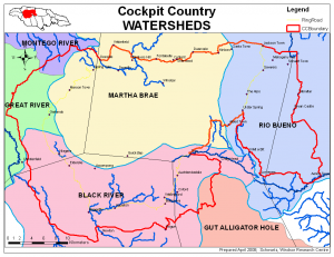 A map of Cockpit Country watersheds.