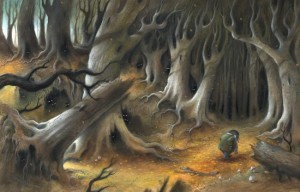 Mole enters the Wild Wood, with those eyes watching him. (Illustrator: Richard Johnson/V&A)
