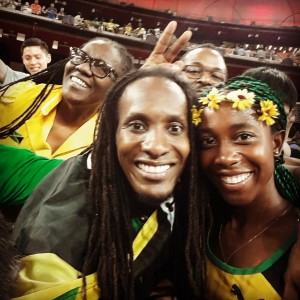 Happy Jamaican fans in Beijing photographed with the victorious Shelly-Ann Fraser-Pryce. (Twitter)